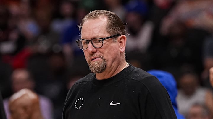 Mar 7, 2026; Atlanta, Georgia, USA; Philadelphia 76ers Head Coach Nick Nurse on the sideline during the game against the Atlanta Hawks during the first half at State Farm Arena. Mandatory Credit: Dale Zanine-Imagn Images