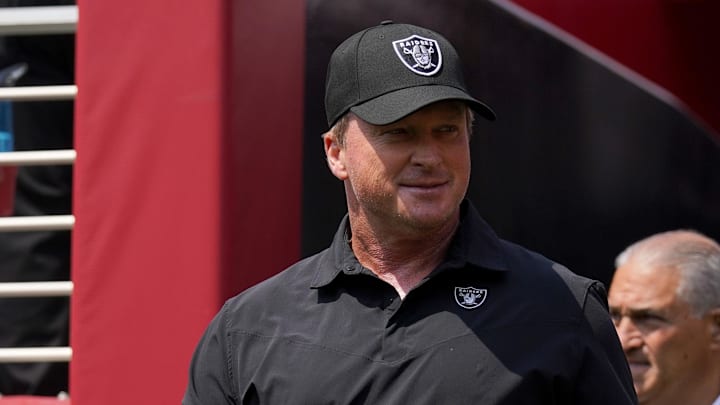Aug 29, 2021; Santa Clara, California, USA; Las Vegas Raiders head coach Jon Gruden walks onto the field before the start of the game against the San Francisco 49ers at Levi's Stadium. 