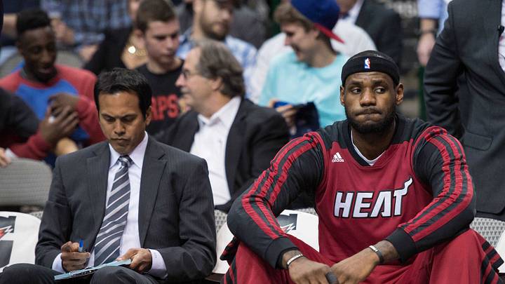 Feb 18, 2014; Dallas, TX, USA; Miami Heat head coach Erik Spoelstra and small forward LeBron James (6) before the game against the Dallas Mavericks at the American Airlines Center. The Heat defeated the Mavericks 117-106. Mandatory Credit: Jerome Miron-USA TODAY Sports Feb 18, 2014; Dallas, TX, USA; Miami Heat head coach Erik Spoelstra and small forward LeBron James (6) before the game against the Dallas Mavericks at the American Airlines Center. The Heat defeated the Mavericks 117-106. Mandatory Credit: Jerome Miron-USA TODAY Sports