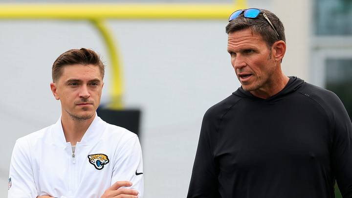 Jacksonville Jaguars general manager James Gladstone, left, and Executive Vice President of football operations Tony Boselli talk during the first day of NFL Training Camp at the Miller Electric Center on Wednesday, July 29, 2026, in Jacksonville, Fla. Jacksonville Jaguars general manager James Gladstone, left, and Executive Vice President of football operations Tony Boselli talk during the first day of NFL Training Camp at the Miller Electric Center on Wednesday, July 29, 2026, in Jacksonville, Fla.