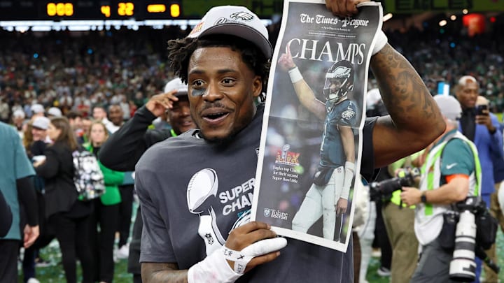 Feb 9, 2025; New Orleans, LA, USA; Philadelphia Eagles safety C.J. Gardner-Johnson (8) celebrates after winning Super Bowl LIX at Caesars Superdome. Feb 9, 2025; New Orleans, LA, USA; Philadelphia Eagles safety C.J. Gardner-Johnson (8) celebrates after winning Super Bowl LIX at Caesars Superdome.