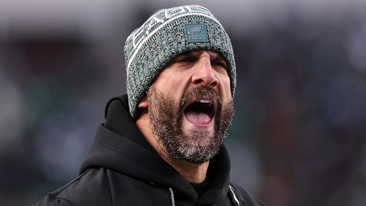 Nov 28, 2025; Philadelphia, Pennsylvania, USA; Philadelphia Eagles head coach Nick Sirianni reacts to a play against the Chicago Bears at Lincoln Financial Field. Mandatory Credit: Bill Streicher-Imagn Images