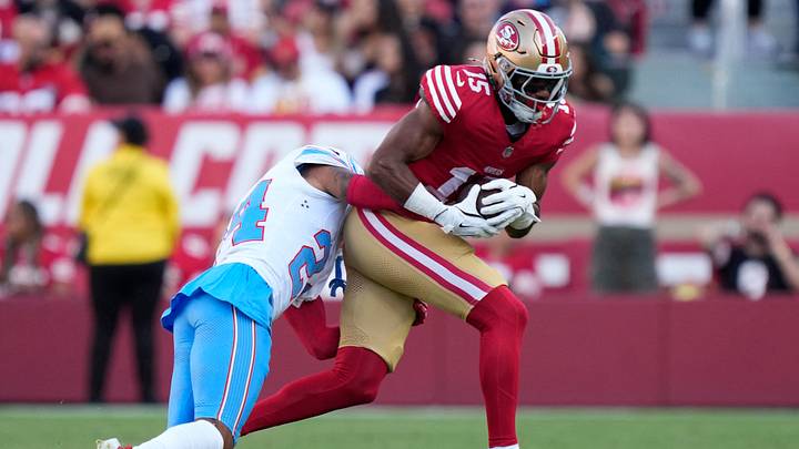 August 13, 2026; Santa Clara, California, USA; San Francisco 49ers wide receiver De'zhaun Stribling (15) is tackled by Tennessee Titans cornerback Alontae Taylor (24) during the first quarter at Levi's Stadium. Mandatory Credit: Kyle Terada-Imagn Images August 13, 2026; Santa Clara, California, USA; San Francisco 49ers wide receiver De'zhaun Stribling (15) is tackled by Tennessee Titans cornerback Alontae Taylor (24) during the first quarter at Levi's Stadium. Mandatory Credit: Kyle Terada-Imagn Images