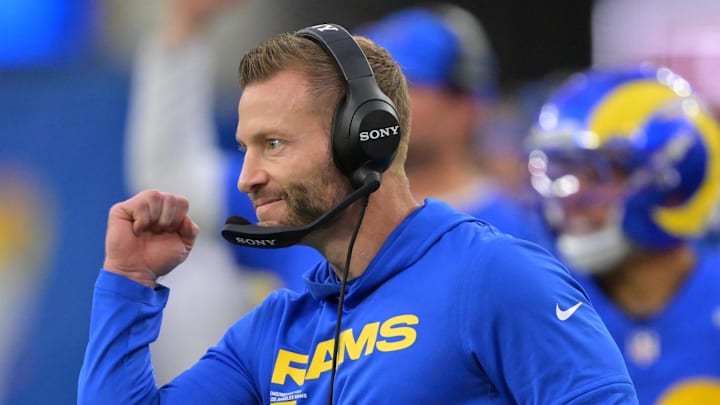 Jan 4, 2026; Inglewood, California, USA;  Los Angeles Rams head coach Sean McVay reacts after a touchdown against the Arizona Cardinals during the second half at SoFi Stadium. Mandatory Credit: Jayne Kamin-Oncea-Imagn Images