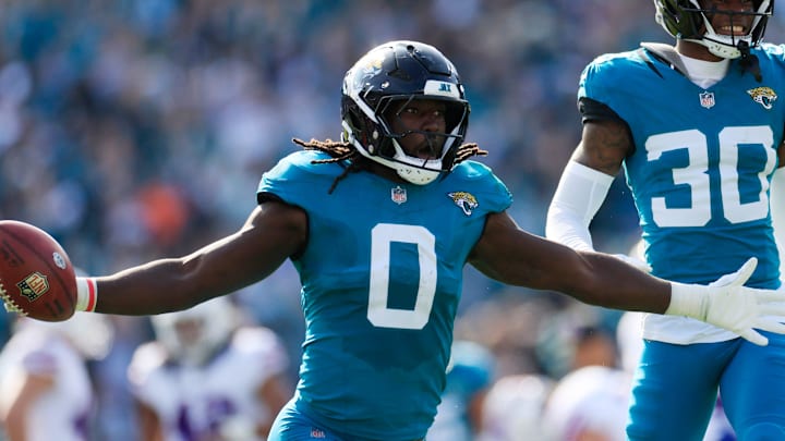 Jacksonville Jaguars linebacker Devin Lloyd (0) celebrates a fumble recovery with cornerback Montaric Brown (30) during the second quarter of an NFL football AFC Wild Card playoff matchup, Sunday, Jan. 11, 2026, in Jacksonville, Fla. Jacksonville Jaguars linebacker Devin Lloyd (0) celebrates a fumble recovery with cornerback Montaric Brown (30) during the second quarter of an NFL football AFC Wild Card playoff matchup, Sunday, Jan. 11, 2026, in Jacksonville, Fla.