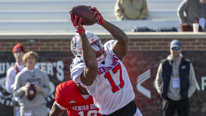 Jan 29, 2026; Mobile, AL, USA; National tight end Justin Joly (17) of North Carolina State grabs a touchdown during National Senior Bowl practice at Hancock Whitney Stadium. Mandatory Credit: Vasha Hunt-Imagn Images