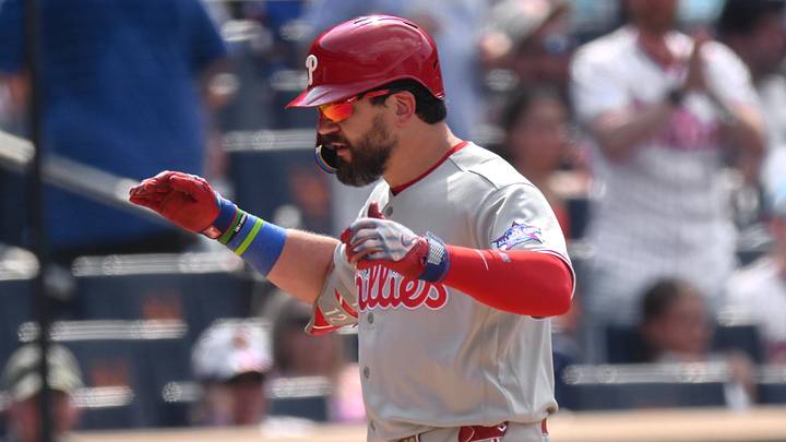 Jun 28, 2026; New York City, New York, USA; Philadelphia Phillies designated hitter Kyle Schwarber (12) reacts after hitting a two run home run against the New York Mets during the seventh inning at Citi Field. 