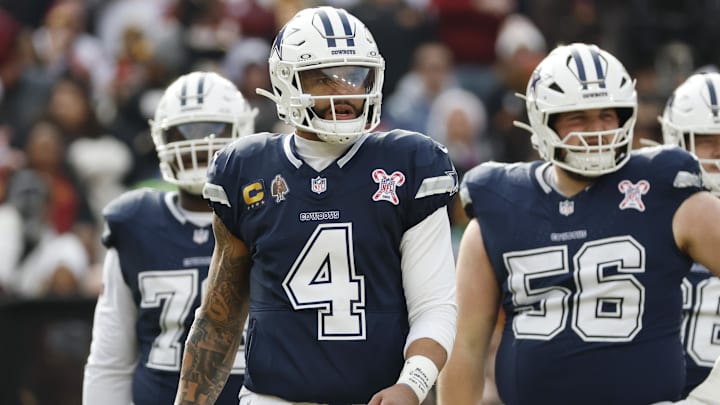 Dallas Cowboys quarterback Dak Prescott looks on during a stoppage in play against the Washington Commanders.