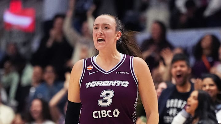 May 8, 2026; Toronto, Ontario, CAN; Toronto Tempo guard Marina Mabrey (3) reacts against the Washington Mystics during the fourth quarter at Coca-Cola Coliseum. Mandatory Credit: Nick Turchiaro-Imagn Images