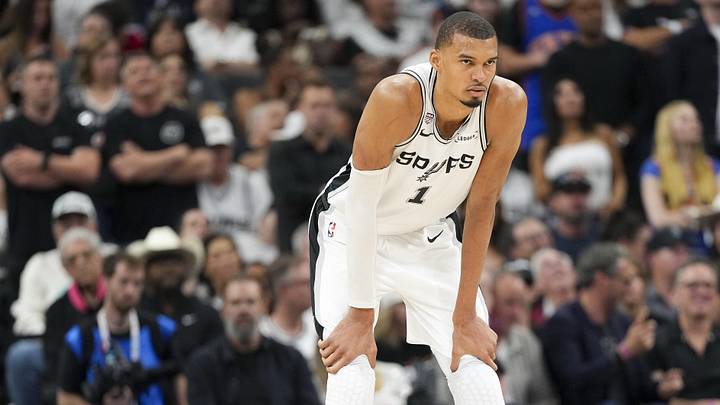 Jun 5, 2026; San Antonio, Texas, USA; San Antonio Spurs forward Victor Wembanyama (1) looks on in the second half during Game 2 of the 2026 NBA Finals at Frost Bank Center.