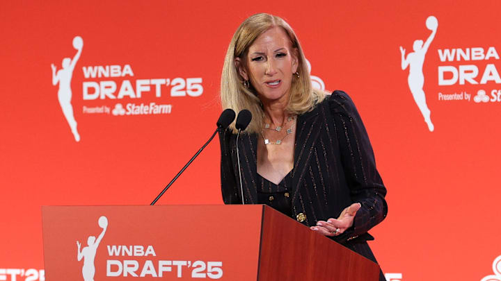Apr 14, 2025; New York, New York, USA; WNBA commissioner Cathy Engelbert talks to the media before the 2025 WNBA Draft at The Shed at Hudson Yards. Mandatory Credit: Vincent Carchietta-Imagn Images