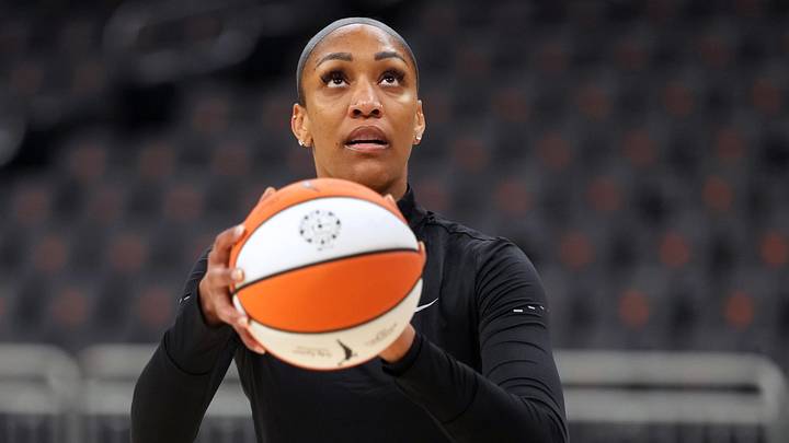 May 3, 2026; Austin, TX, USA; Las Vegas Aces center A’ja Wilson (22) warms up before a preseason game against the during the first half against the Dallas Wings at Moody Center. Mandatory Credit: Scott Wachter-Imagn Images