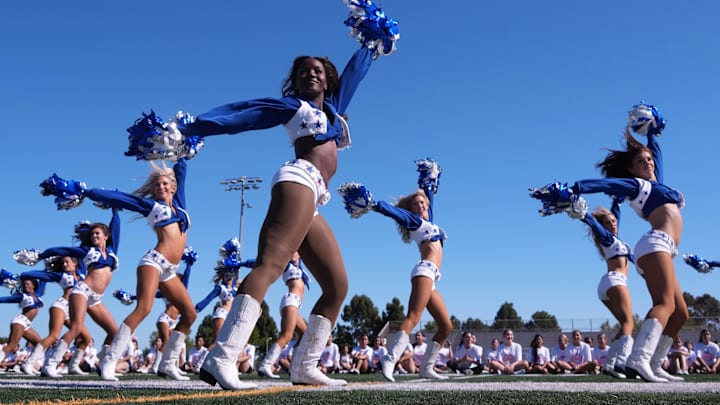 Dallas Cowboys cheerleaders perform at a youth clinic at Channel Islands High School. 
