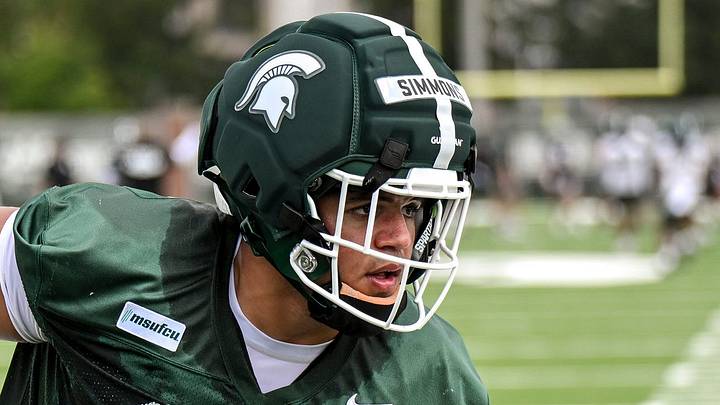 Michigan State defensive lineman Derrick Simmons runs a drill during football practice on Thursday, Aug. 6, 2026, in East Lansing. Michigan State defensive lineman Derrick Simmons runs a drill during football practice on Thursday, Aug. 6, 2026, in East Lansing.