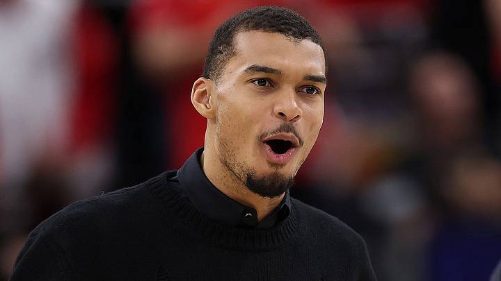 INGLEWOOD, CALIFORNIA - APRIL 02: Victor Wembanyama #1 of the San Antonio Spurs reacts during play against the Los Angeles Clippers in the second half at Intuit Dome on April 02, 2026 in Inglewood, California. (Photo by Ronald Martinez/Getty Images)