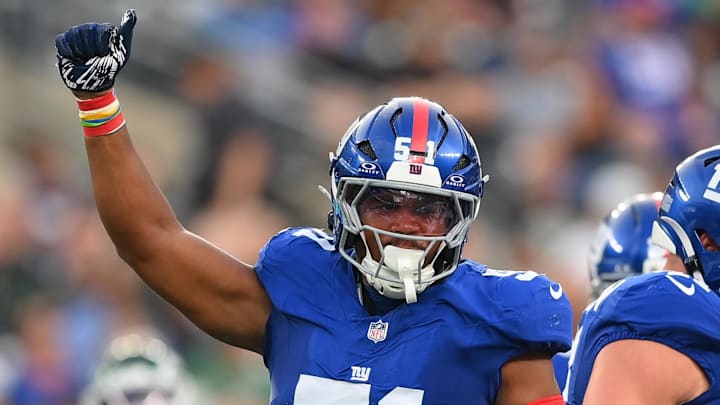 Aug 16, 2025; East Rutherford, New Jersey, USA; New York Giants linebacker Abdul Carter (51) reacts to a play against the New York Jets during the first half at MetLife Stadium. Aug 16, 2025; East Rutherford, New Jersey, USA; New York Giants linebacker Abdul Carter (51) reacts to a play against the New York Jets during the first half at MetLife Stadium.