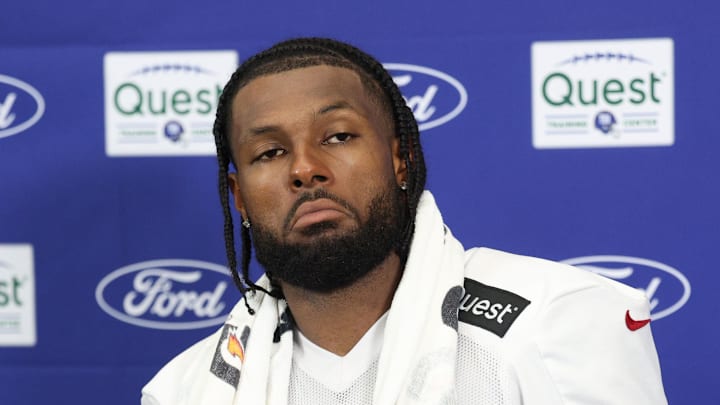 New York Giants linebacker Kayvon Thibodeaux talks with the media New York Giants linebacker Kayvon Thibodeaux talks with the media