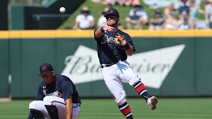 Feb 25, 2023; North Port, Florida, USA; Atlanta Braves infielder Luke Waddell (75) throws the ball to first base for an out against the Boston Red Sox during the second inning at CoolToday Park. Mandatory Credit: Kim Klement-Imagn Images Feb 25, 2023; North Port, Florida, USA; Atlanta Braves infielder Luke Waddell (75) throws the ball to first base for an out against the Boston Red Sox during the second inning at CoolToday Park. Mandatory Credit: Kim Klement-Imagn Images