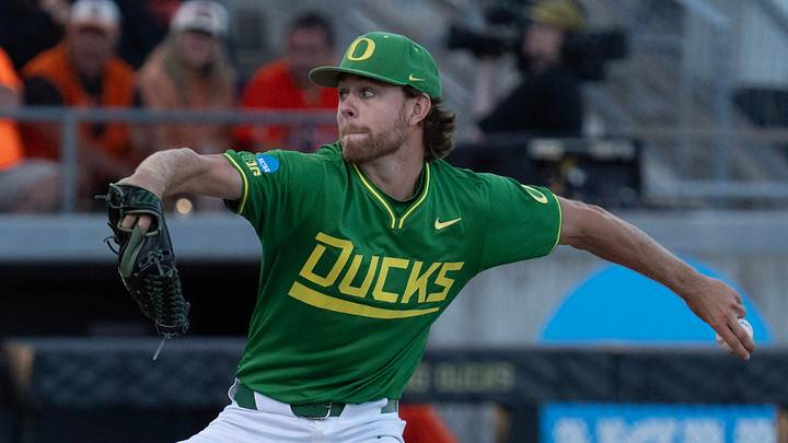 Oregon’s Miles Gosztola pitches against Oregon State during the sixth inning on day three at the NCAA Eugene Regional Tournament at PK Park in Eugene May 31, 2026. Oregon’s Miles Gosztola pitches against Oregon State during the sixth inning on day three at the NCAA Eugene Regional Tournament at PK Park in Eugene May 31, 2026.