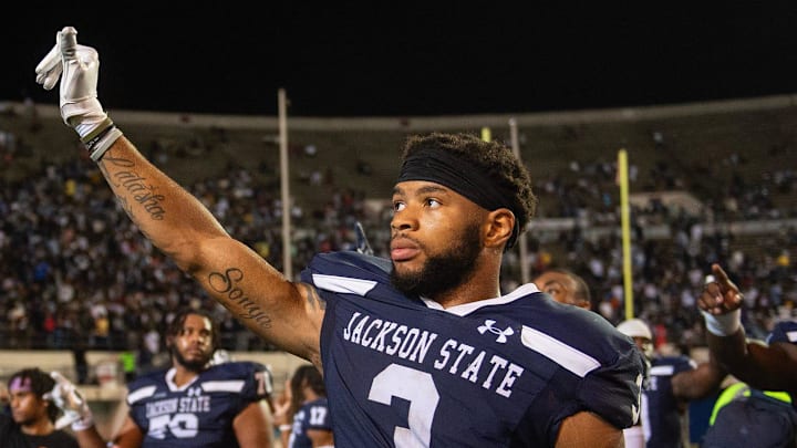 Jackson State Tigers' defensive back Robert McDaniel (3) stands for the alma mater after beating the Southern Jaguars in Jackson, Miss., on Saturday, Sept. 14, 2024.
