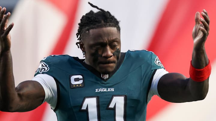 Jan 11, 2026; Philadelphia, PA, USA; Philadelphia Eagles wide receiver A.J. Brown (11) looks on prior to an NFC Wild Card Round game against the San Francisco 49ers at Lincoln Financial Field. Mandatory Credit: Bill Streicher-Imagn Images
