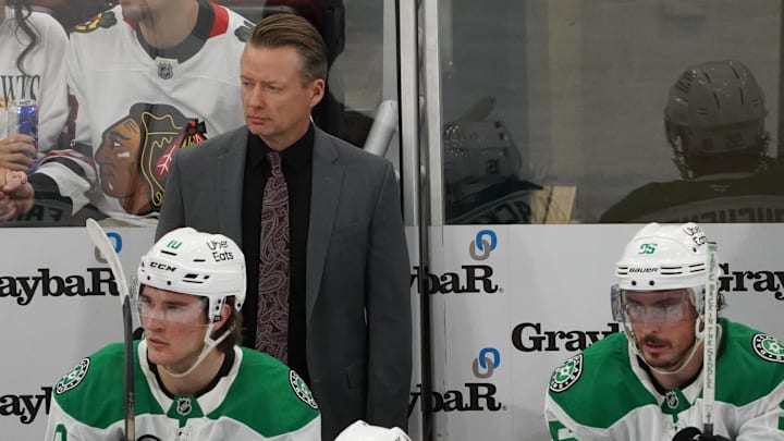 Jan 1, 2026; Chicago, Illinois, USA; Dallas Stars head coach Glen Gulutzan behind the bench against the Chicago Blackhawks during the third period at United Center. Mandatory Credit: David Banks-Imagn Images Jan 1, 2026; Chicago, Illinois, USA; Dallas Stars head coach Glen Gulutzan behind the bench against the Chicago Blackhawks during the third period at United Center. Mandatory Credit: David Banks-Imagn Images