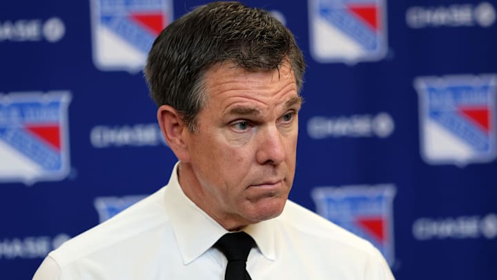 Apr 5, 2026; New York, New York, USA; New York Rangers head coach Mike Sullivan speaks to reporters after an 8-1 win against the Washington Capitals at Madison Square Garden. Mandatory Credit: Danny Wild-Imagn Images