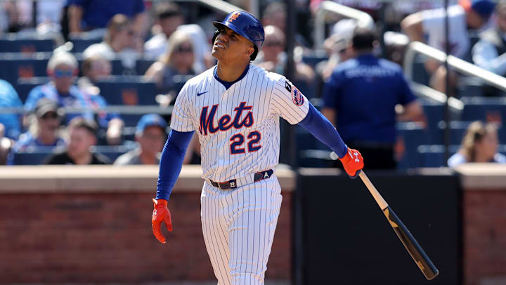 Apr 23, 2025; New York City, New York, USA; New York Mets right fielder Juan Soto (22) reacts after striking out during the seventh inning against the Philadelphia Phillies at Citi Field. 
