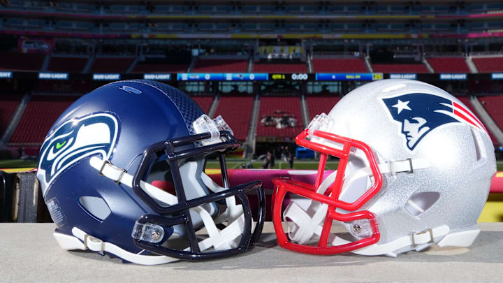 Seattle Seahawks and New England Patriots helmets at Levi's Stadium. Seattle Seahawks and New England Patriots helmets at Levi's Stadium.