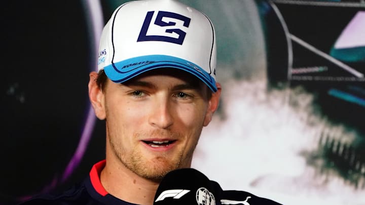 May 2, 2024; Miami Gardens, Florida, USA;  Williams driver Logan Sargeant (2) addresses the media in advance of the Miami Grand Prix at the Miami International Autodrome. Mandatory Credit: John David Mercer-USA TODAY Sports