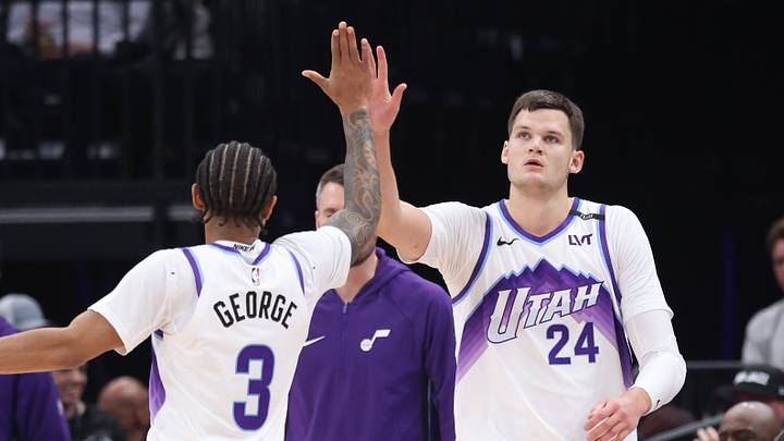Oct 29, 2025; Salt Lake City, Utah, USA; Utah Jazz guard Keyonte George (3) and center Walker Kessler (24) react to a play against the Portland Trail Blazers during the first quarter at Delta Center. Mandatory Credit: Rob Gray-Imagn Images Oct 29, 2025; Salt Lake City, Utah, USA; Utah Jazz guard Keyonte George (3) and center Walker Kessler (24) react to a play against the Portland Trail Blazers during the first quarter at Delta Center. Mandatory Credit: Rob Gray-Imagn Images