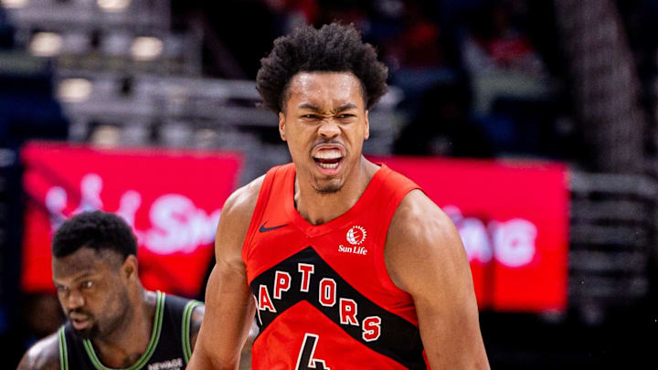 Mar 11, 2026; New Orleans, Louisiana, USA;  Toronto Raptors forward/guard Scottie Barnes (4) reacts to making a three point basket against the New Orleans Pelicans during the first half at Smoothie King Center. Mandatory Credit: Stephen Lew-Imagn Images
