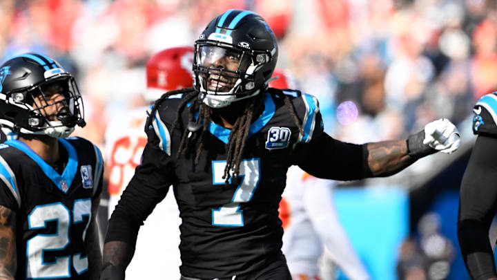 Carolina Panthers linebacker Jadeveon Clowney (7) reacts after a sack in the second quarter at Bank of America Stadium.