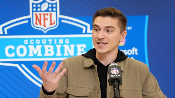 Feb 25, 2025; Indianapolis, IN, USA; Jacksonville Jaguars general manger James Gladstone speaks during the NFL Scouting Combine at the Indiana Convention Center. Mandatory Credit: Kirby Lee-Imagn Images