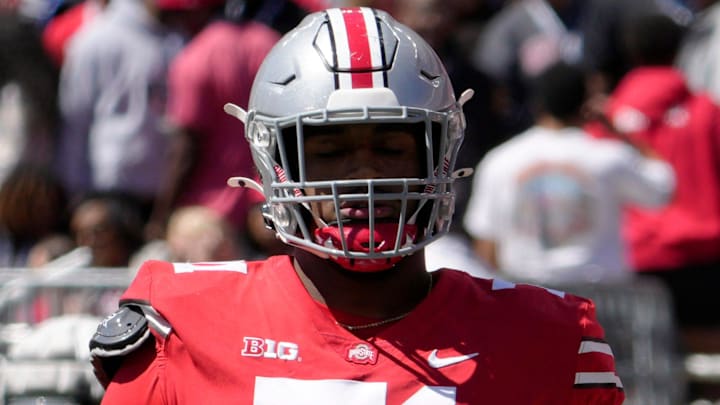April 13, 2024; Columbus, Ohio, USA;
Ohio State Buckeyes offensive tackle Josh Simmons (71) competes during the first half of the LifeSports spring football game at Ohio Stadium on Saturday. April 13, 2024; Columbus, Ohio, USA;
Ohio State Buckeyes offensive tackle Josh Simmons (71) competes during the first half of the LifeSports spring football game at Ohio Stadium on Saturday.