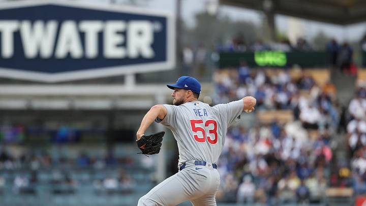 Apr 25, 2026; Los Angeles, California, USA; Chicago Cubs starting pitcher Colin Rea (53) throws a pitch against the Los Angeles Dodgers during the third inning at Dodger Stadium. Mandatory Credit: Kiyoshi Mio-Imagn Images
