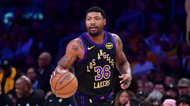 May 11, 2026; Los Angeles, California, USA; Los Angeles Lakers guard Marcus Smart (36) moves the ball down court against the Oklahoma City Thunder during the first half in game four of the second round of the 2026 NBA Playoffs at Crypto.com Arena. Mandatory Credit: Gary A. Vasquez-Imagn Images