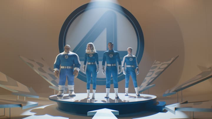 (L-R): Ebon Moss-Bachrach as Ben Grimm/The Thing, Vanessa Kirby as Sue Storm/Invisible Woman, Pedro Pascal as Reed Richards/Mister Fantastic and Joseph Quinn as Johnny Storm/Human Torch in 20th Century Studios/Marvel Studios' THE FANTASTIC FOUR: FIRST STEPS. Photo courtesy of 20th Century Studios/Marvel Studios. © 2025 20th Century Studios / © and ™ 2025 MARVEL.