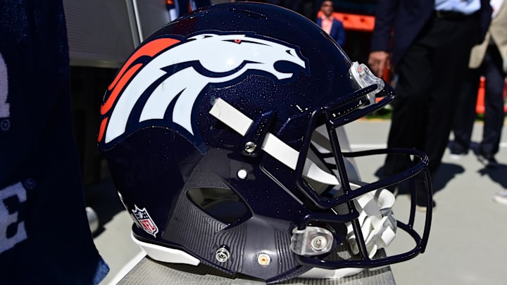 Sep 18, 2022; Denver, Colorado, USA; Detailed view of the helmet of Denver Broncos place kicker Brandon McManus (8) before the game against the Denver Broncos at Empower Field at Mile High. Mandatory Credit: Ron Chenoy-Imagn Images