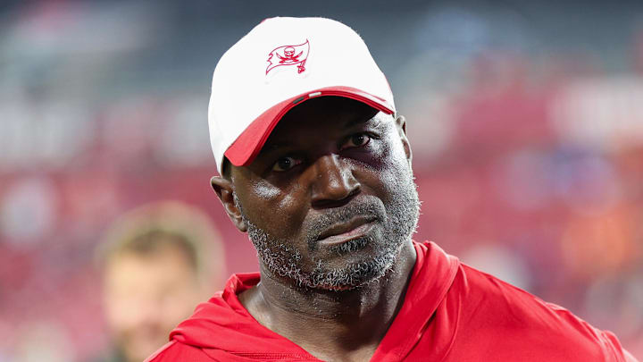 Aug 9, 2025; Tampa, Florida, USA; Tampa Bay Buccaneers head coach Todd Bowles looks on after a preseason game against the Tennessee Titans at Raymond James Stadium. Mandatory Credit: Nathan Ray Seebeck-Imagn Images