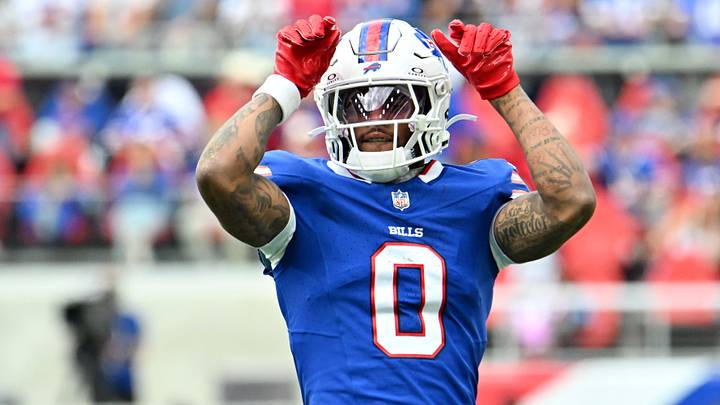 Buffalo Bills WR Keon Coleman celebrates after making a catch during the fourth quarter against the New England Patriots. Buffalo Bills WR Keon Coleman celebrates after making a catch during the fourth quarter against the New England Patriots.