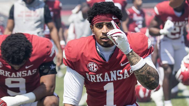 Arkansas Razorbacks defensive back Christian Harrison (1) kneels before the start of the spring game at Razorback Stadium. Arkansas Razorbacks defensive back Christian Harrison (1) kneels before the start of the spring game at Razorback Stadium.