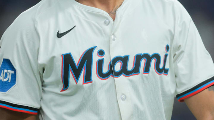 May 5, 2025; Miami, Florida, USA; Miami Marlins starting pitcher Sandy Alcantara (22) looks on against the Los Angeles Dodgers during the first inning at loanDepot Park. Mandatory Credit: Sam Navarro-Imagn Images