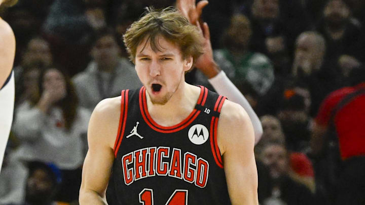 Jan 27, 2025; Chicago, Illinois, USA; Chicago Bulls forward Matas Buzelis (14) reacts after a dunk against the Denver Nuggets during the second half at the United Center. Mandatory Credit: Matt Marton-Imagn Images