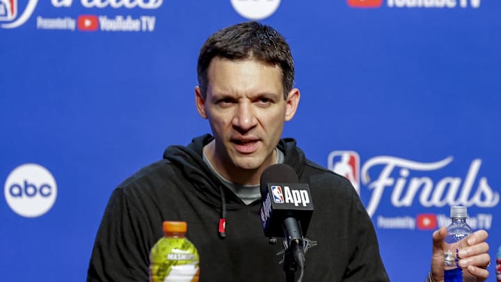 Jun 5, 2025; Oklahoma City, Oklahoma, USA; Oklahoma City Thunder head coach Mark Daigneault speaks to the media after the Thunder lose to the Indiana Pacers during game one of the 2025 NBA Finals at Paycom Center. Mandatory Credit: Alonzo Adams-Imagn Images