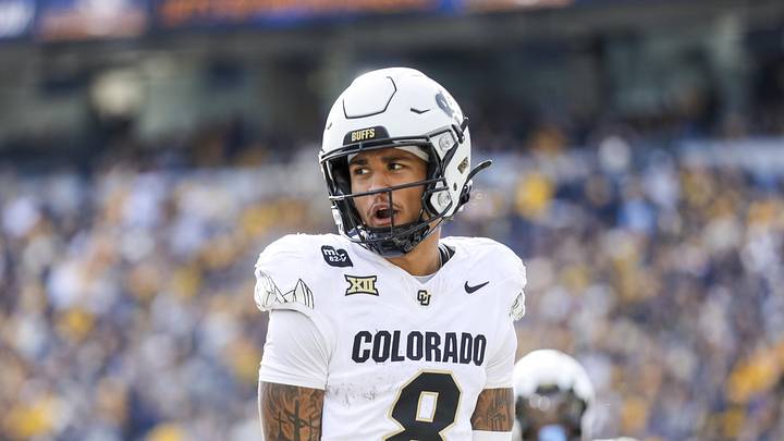 Nov 8, 2025; Morgantown, West Virginia, USA; Colorado Buffaloes wide receiver Joseph Williams (8) celebrates after catching a pass for a touchdown during the second quarter against the West Virginia Mountaineers at Milan Puskar Stadium. Mandatory Credit: Ben Queen-Imagn Images