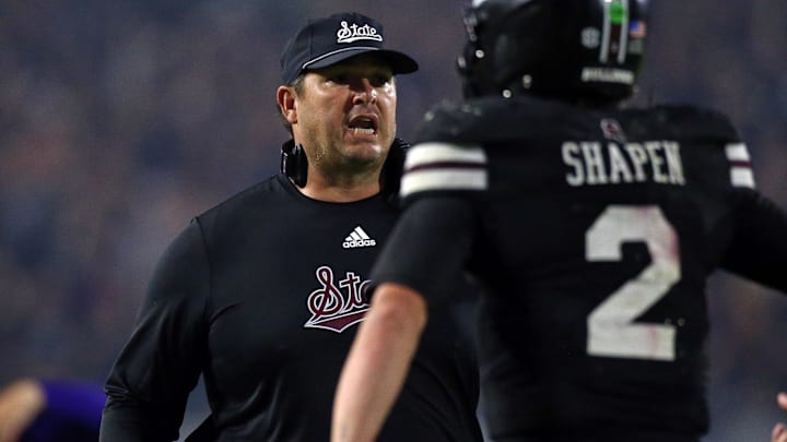 Mississippi State Bulldogs head coach Jeff Lebby reacts with quarterback Blake Shapen (2) after a touchdown during the fourth quarter against the Arizona State Sun Devils at Davis Wade Stadium at Scott Field.