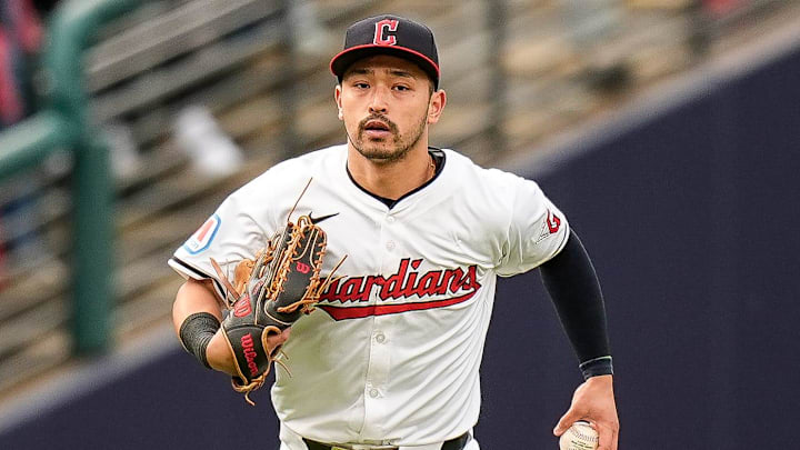 Cleveland Guardians left fielder Steven Kwan (38) runs off the field after catching a fly ball against Detroit Tigers during the eighth inning at Game 5 of ALDS at Progressive Field in Cleveland, Ohio on Saturday, Oct. 12, 2024. Cleveland Guardians left fielder Steven Kwan (38) runs off the field after catching a fly ball against Detroit Tigers during the eighth inning at Game 5 of ALDS at Progressive Field in Cleveland, Ohio on Saturday, Oct. 12, 2024.