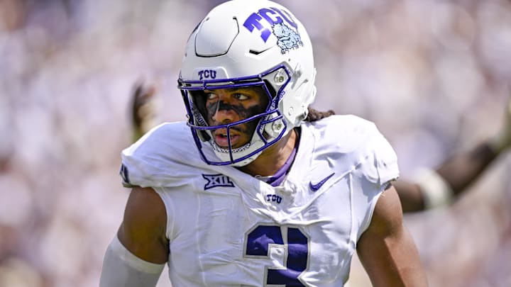 TCU Horned Frogs linebacker Kaleb Elarms-Orr celebrates during the game between TCU and the SMU Mustangs. TCU Horned Frogs linebacker Kaleb Elarms-Orr celebrates during the game between TCU and the SMU Mustangs.