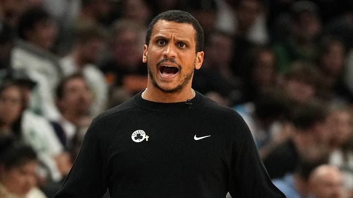 Mar 26, 2025; Phoenix, Arizona, USA; Boston Celtics head coach Joe Mazzulla reacts against the Phoenix Suns during the second half at Footprint Center. Mandatory Credit: Rick Scuteri-Imagn Images
